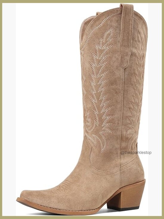 Shoes - Embroidered Western Knee High Cowgirl Boots Pointed Toe Chunky Heel